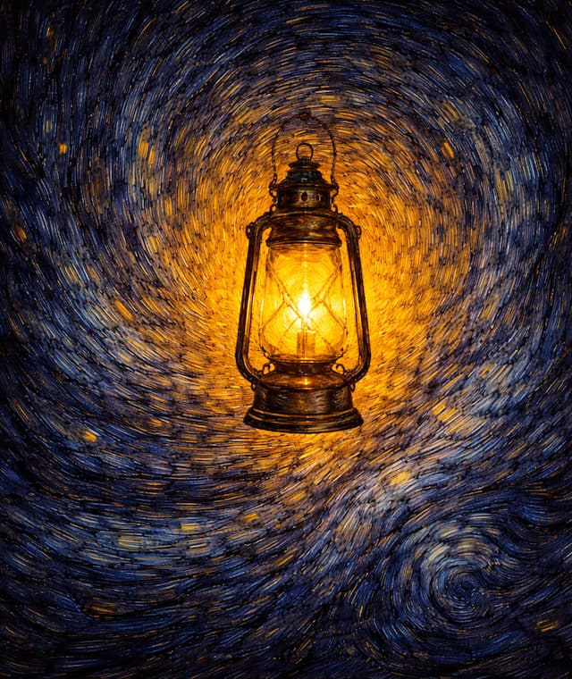 A glowing lantern in a swirling Van Gogh night sky