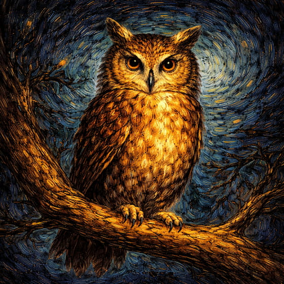 A wise owl in Van Gogh style, quietly observing